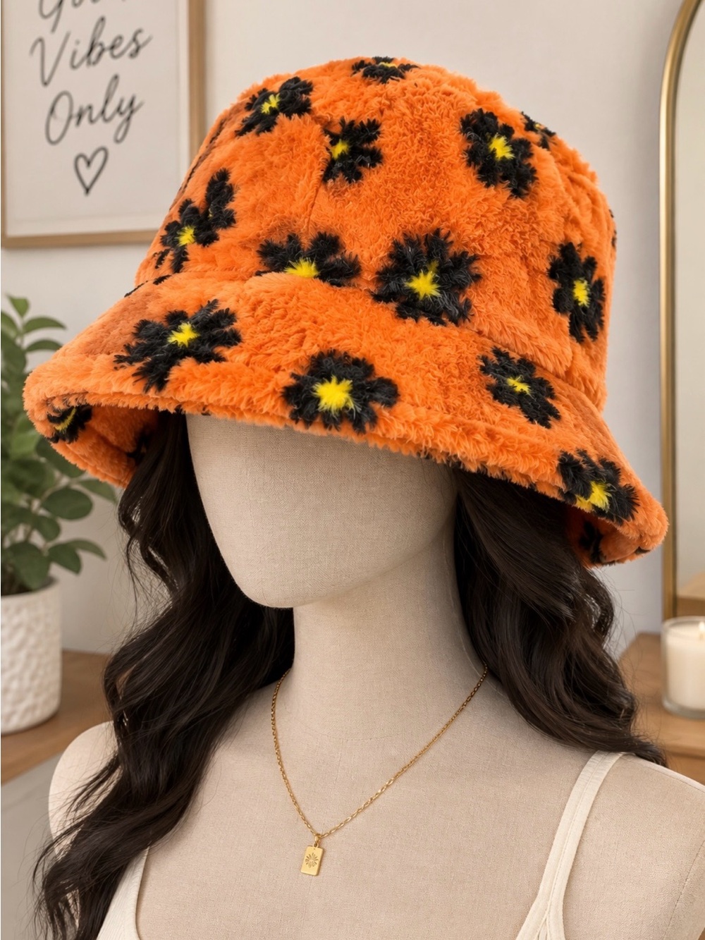 Orange Fuzzy Bucket Hat with Black & Yellow Flowers